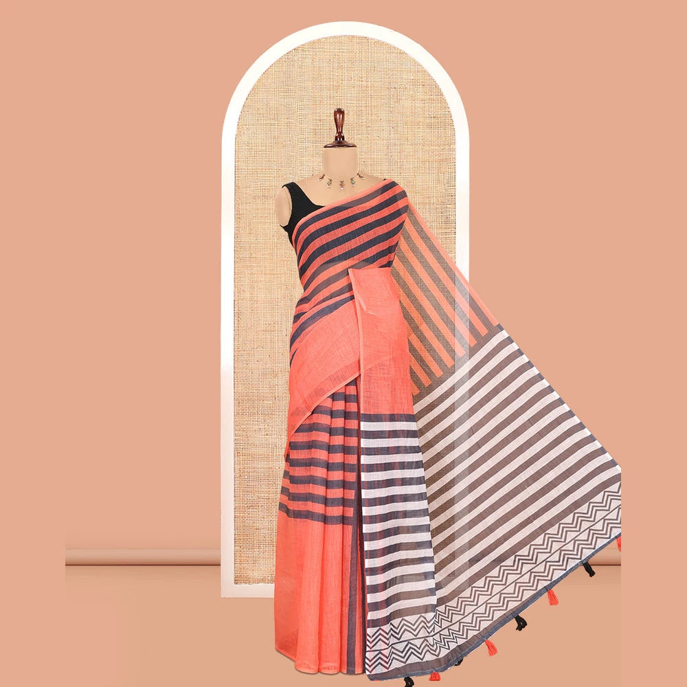Pothys Borderless Orange Linen Cotton Saree, Accentuated with Stripes, a Self-Pallu of Stripes, and a Contrast Blouse
